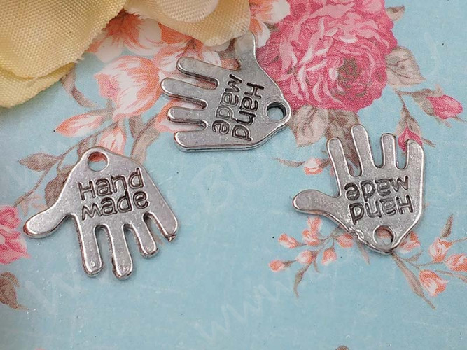 (СКИДКИ!!!) Подвеска Ладошка 01 двусторонняя "Hand Made" 13,2*12,3*1мм античное серебро (литьё) (10шт.)
