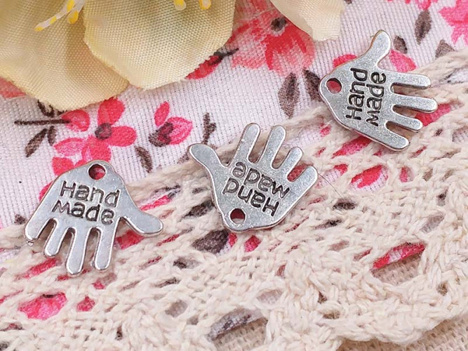 (СКИДКИ!!!) Подвеска Ладошка 01 двусторонняя "Hand Made" 13,2*12,3*1мм античное серебро (литьё) (10шт.)