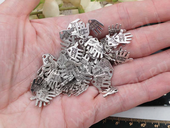 (СКИДКИ!!!) Подвеска Ладошка 01 двусторонняя "Hand Made" 13,2*12,3*1мм античное серебро (литьё) (10шт.)