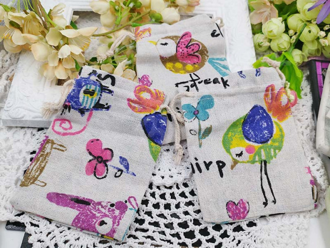 Мешочек холщовый 06 14*10см льняной с птичками и зверюшками (ткань) (упаковка для украшений)