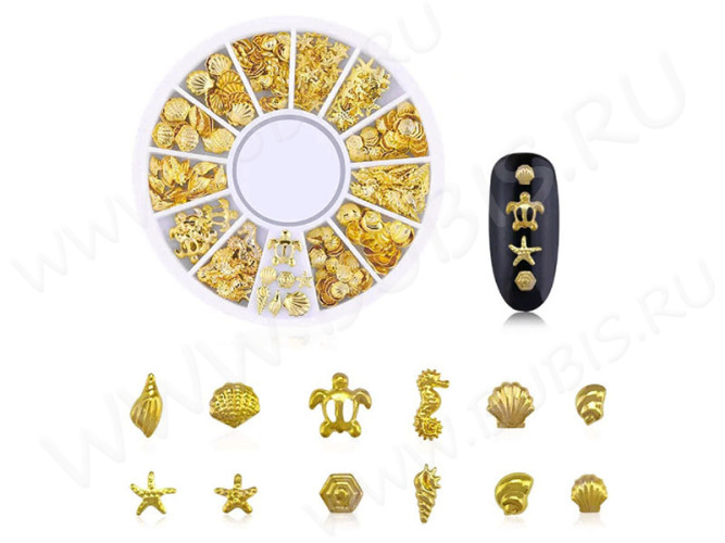 Наполнение для смолы и бутылочек 065 фигурки Морские фигуры микс 2-6*0,5-2мм золотистые в контейнере (декор)