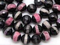 (ОПТ) Бусина округлая ГРАНЁНАЯ 10мм Агат Тибетский с полоской чёрно-розовый (камни) (НИТЬ)