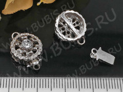 Замочек-застёжка №61 Круг со стразом на 1 нить 17,5*12*6мм цвет платины и прозрачный (Brass и стекло)