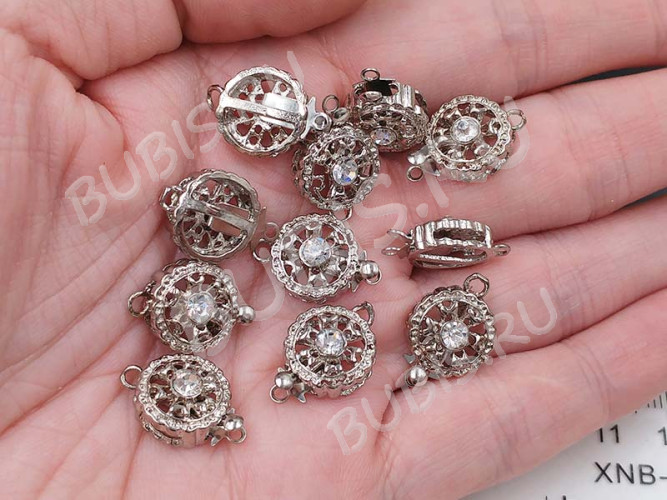 Замочек-застёжка №61 Круг со стразом на 1 нить 17,5*12*6мм цвет платины и прозрачный (Brass и стекло)