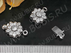 Замочек-застёжка №63 Цветочек со стразом на 1 нить 16,5*10*6мм цвет платины и прозрачный (Brass и стекло)