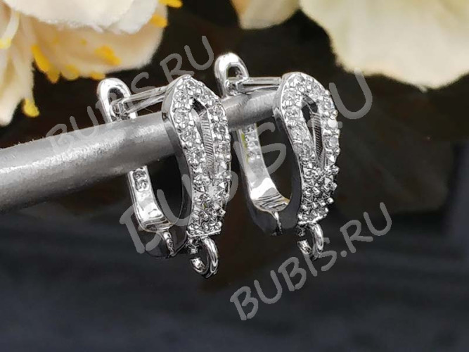 Швензы с английским замком №125 с инкрустацией кубическим цирконием 17*12,5*5мм цвет платины и прозрачные (Milano LUX) (Brass и фианит) (1 пара)
