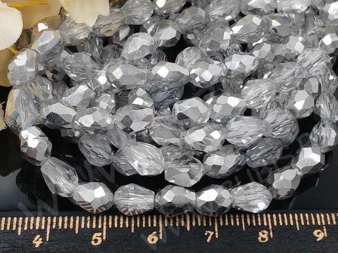 (ОПТ) Бусина Капля гранёная 7,5*6*6мм прозрачно-серебристая (имитация Сваровски) (НИТЬ)