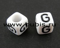Бусина кубик 6*6мм с буквой "G" бело-чёрный непрозрачный (акрил)