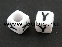 Бусина кубик 6*6мм с буквой "Y" бело-чёрный непрозрачный (акрил)
