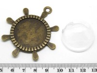 Пузырь стеклянный 13 Полусфера+сеттинг Штурвал 60*53,5*18,5мм прозрачная и античная бронза (стекло и  Brass)