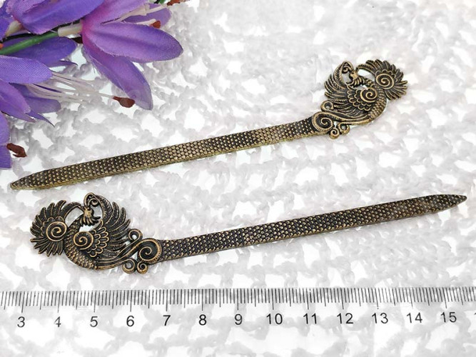 Основа (заготовка) для закладки 19 Античная шпилька Жар-птица 133*27*3мм античная бронза (литьё)