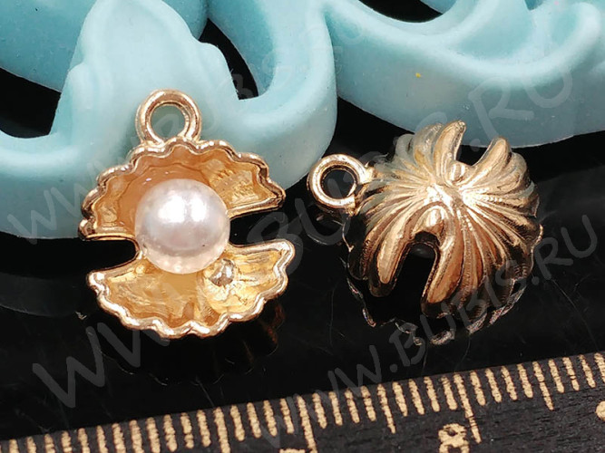 Подвеска Раковина 14 15,5*13,5*6,5мм светлое розовое золото и белый жемчужный (сплав и акрил)