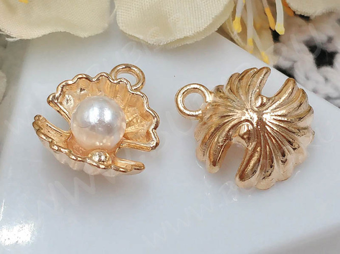 Подвеска Раковина 14 15,5*13,5*6,5мм светлое розовое золото и белый жемчужный (сплав и акрил)