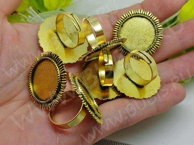 Основа (заготовка) для кольца 145 17мм с круглым сеттингом 20мм античное золото (литьё и Iron)