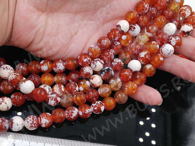 (ОПТ) Бусина округлая ГРАНЁНАЯ 10мм Агат кракле Огненный сердоликово-белый (камни) (НИТЬ)