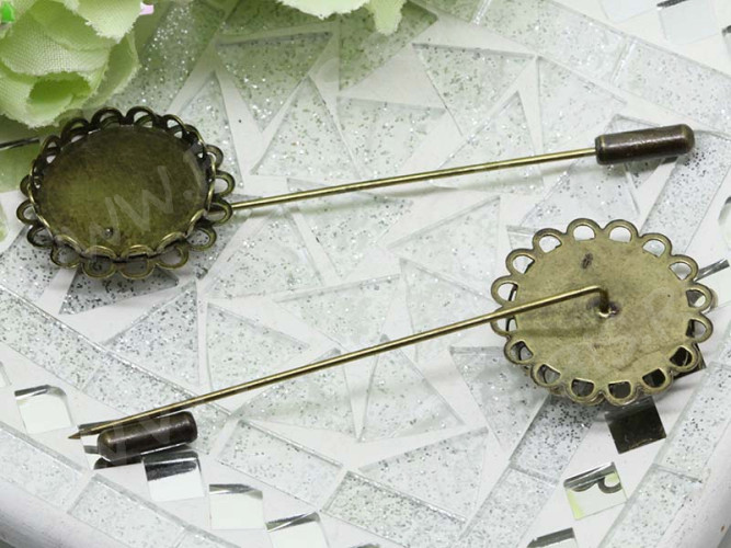 Основа (заготовка) для броши №73 Шляпная булавка с ажурным сеттингом 20мм 77*25*1мм античная бронза (Brass и Iron)