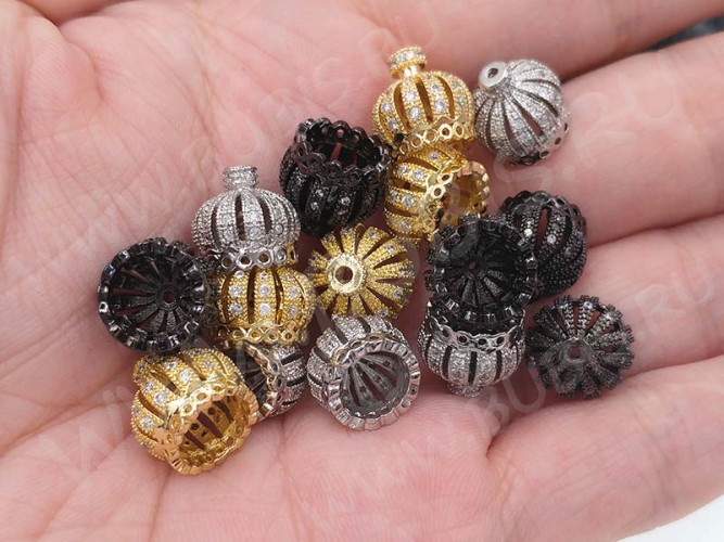 Концевик 071 Корона коннектор с кубическим цирконием 11,5*11*11мм чёрный никель и прозрачный (Milano LUX) (Brass)