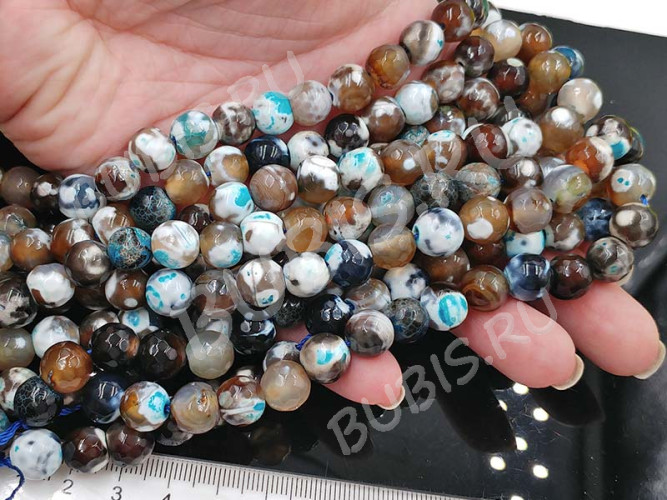 (ОПТ) Бусина округлая ГРАНЁНАЯ 10мм Агат кракле Огненный коричнево-голубо-белый (камни) (НИТЬ)