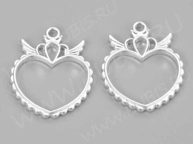 Подвеска Рамка 27 Сердце с крыльями 37*30*3,4мм серебристая (литьё)