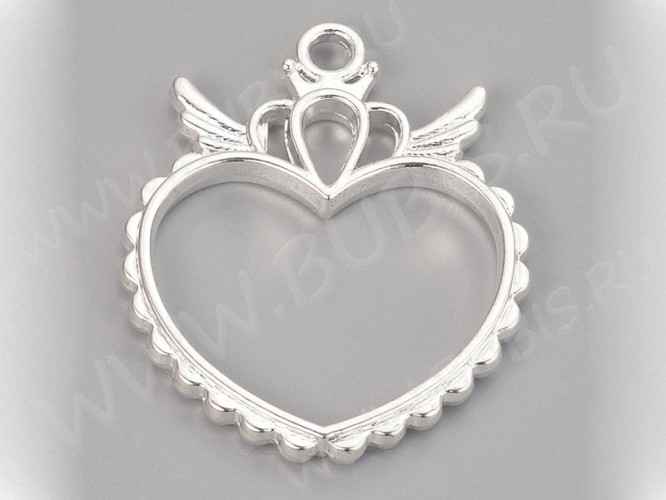 Подвеска Рамка 27 Сердце с крыльями 37*30*3,4мм серебристая (литьё)