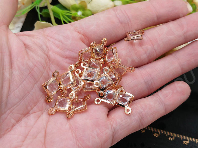354 Коннектор Ромб с кристаллом 18*11*6,5мм светлое розовое золото и прозрачный (Iron и стекло)