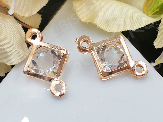 354 Коннектор Ромб с кристаллом 18*11*6,5мм светлое розовое золото и прозрачный (Iron и стекло)
