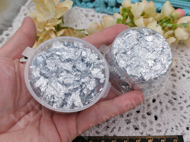 Наполнение для смолы и бутылочек 120 Поталь фольга серебристая в контейнере 6*6*3см (декор)