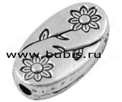 Бусина 33 Овал с цветочками 11*6,5*2,5мм античное серебро (литьё)