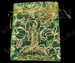 Мешочек органза 02 12*10см зелёный с золотистым узором (упаковка)