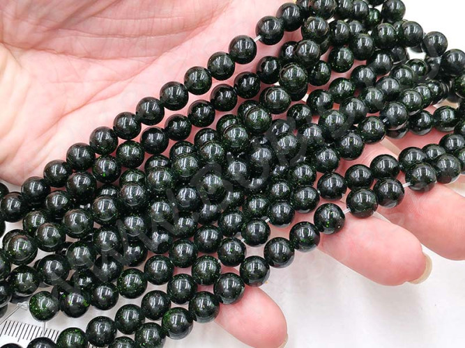 (ОПТ) Бусина округлая 8мм Авантюрин т.зелёный имит. (камни) (НИТЬ)