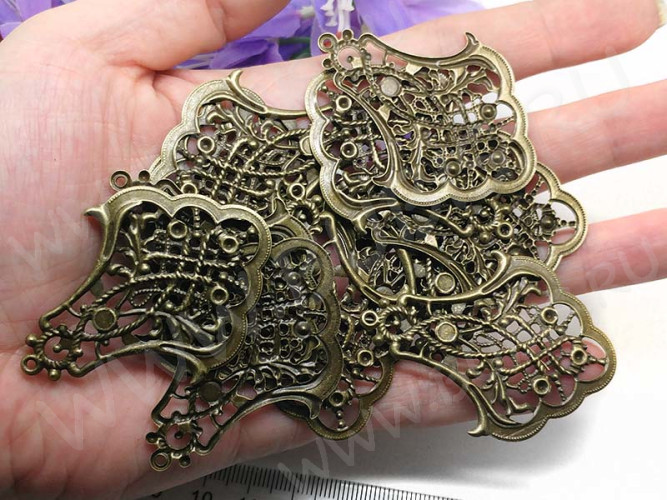 Декоративный элемент 072 Капля ажурная 53*39*1мм античная бронза (Iron) (имитация скани)