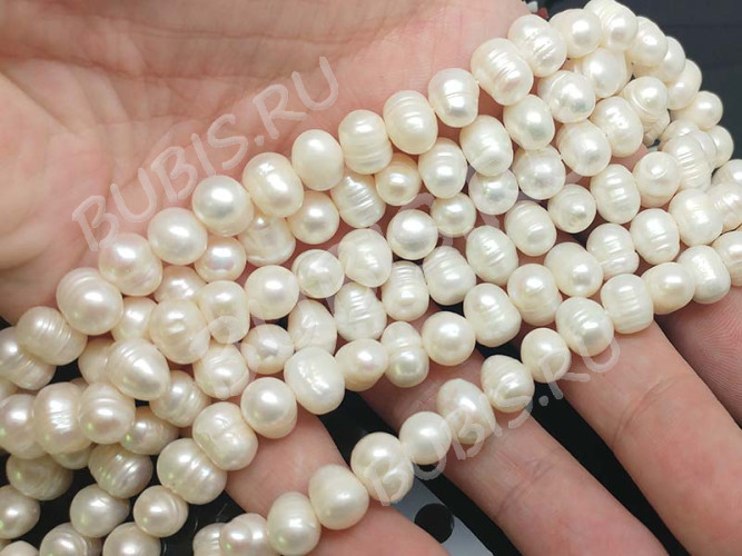 (ОПТ) Бусина Жемчуг 23 пресноводный Тыковки 7-9мм натуральный (камни) (нить 35-37см)