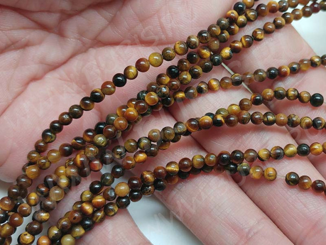 (ОПТ) Бусина округлая "каменный бисер" 3мм Тигровый глаз (камни) (НИТЬ)