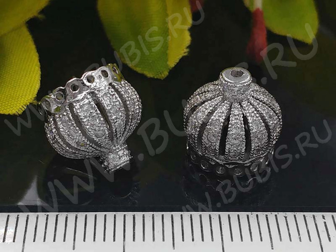 Концевик 072 Корона коннектор с кубическим цирконием 9,5*9*9мм цвет платины и прозрачный (Milano LUX) (Brass)