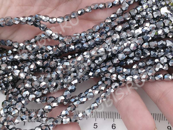 (ОПТ) Бусина кристалл гранёный Бочонок 03 4*3,5*3,5мм т.серебристый непрозрачный (имитация Сваровски) (НИТЬ)