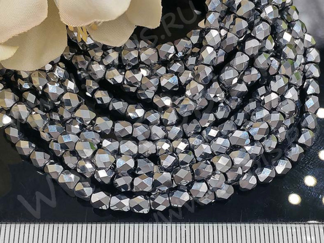 (ОПТ) Бусина кристалл гранёный Бочонок 03 4*3,5*3,5мм т.серебристый непрозрачный (имитация Сваровски) (НИТЬ)