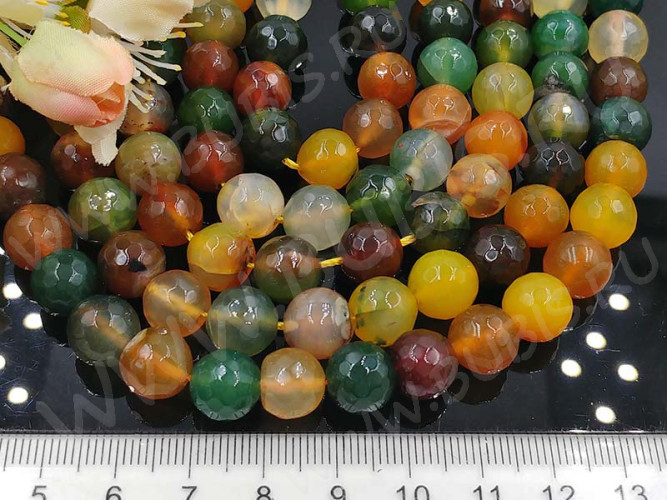 (ОПТ) Бусина округлая ГРАНЁНАЯ 10мм Агат МИКС зелёно-коричнево-жёлтый (камни) (НИТЬ)