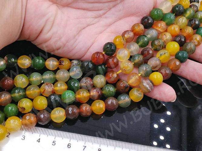 (ОПТ) Бусина округлая ГРАНЁНАЯ 10мм Агат МИКС зелёно-коричнево-жёлтый (камни) (НИТЬ)