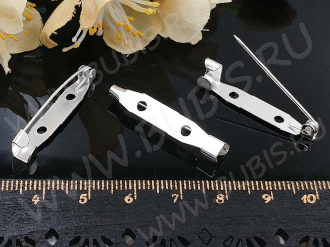 (ОПТ) Основа (заготовка) для броши №23 Булавка 2 отверстия 30*6*5мм серебристая (Iron) (100шт)