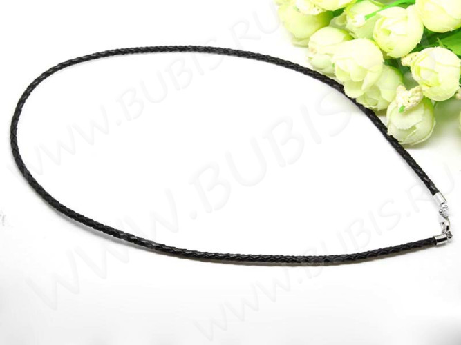 Шнур с замочком 35 детский плетёный кожаный круглый 3мм черный (35см)(кожа+хирургическая сталь)