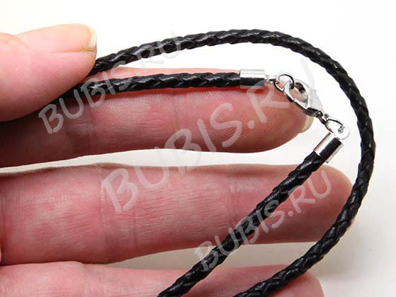 Шнур с замочком 35 детский плетёный кожаный круглый 3мм черный (35см)(кожа+хирургическая сталь)