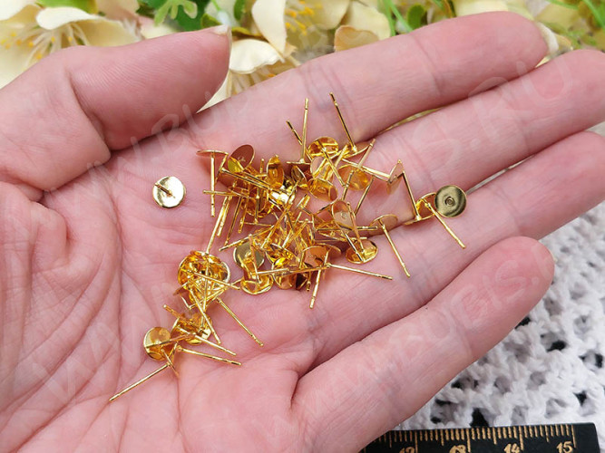 Пуссеты ("гвоздики") №177 с платформой 6мм 12*6*6мм золотистые (Хирургическая сталь) (1 пара)