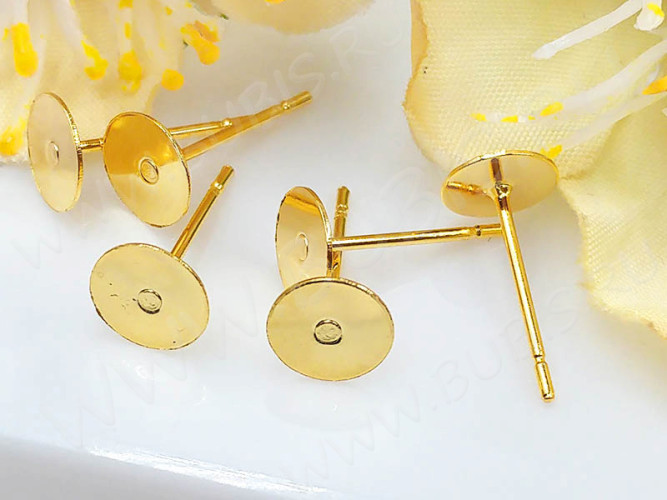 Пуссеты ("гвоздики") №177 с платформой 6мм 12*6*6мм золотистые (Хирургическая сталь) (1 пара)