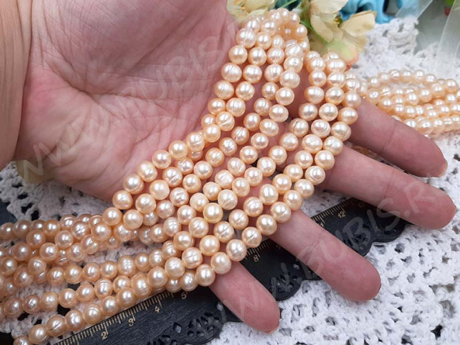 (ОПТ) Бусина Жемчуг 47 пресноводный фриформ 7-8мм персиковый натуральный (камни) (нить 35-36см)
