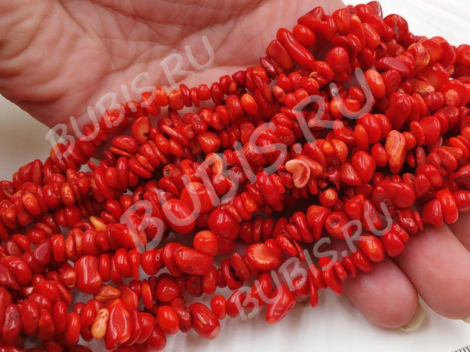 Крошка (галтовка) каменная 158 5-9мм Коралл красно-оранжевый натуральный (камни) (нить 43-45см)