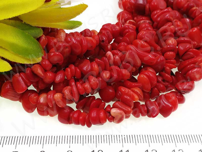 Крошка (галтовка) каменная 158 5-9мм Коралл красно-оранжевый натуральный (камни) (нить 43-45см)