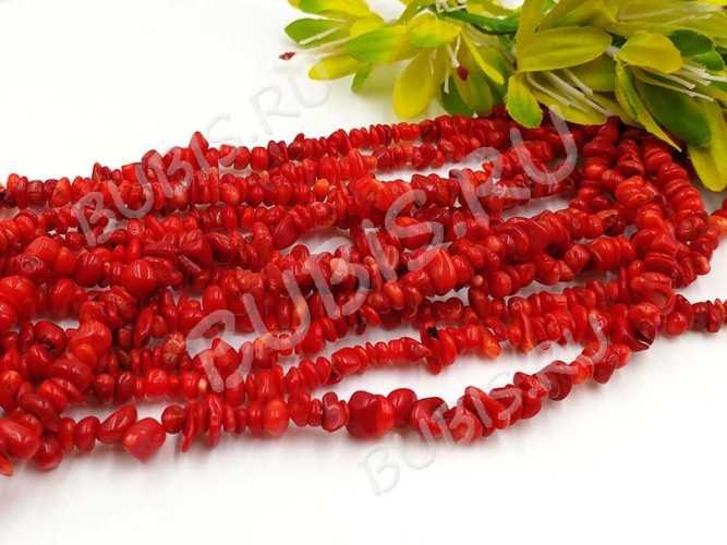 Крошка (галтовка) каменная 158 5-9мм Коралл красно-оранжевый натуральный (камни) (нить 43-45см)