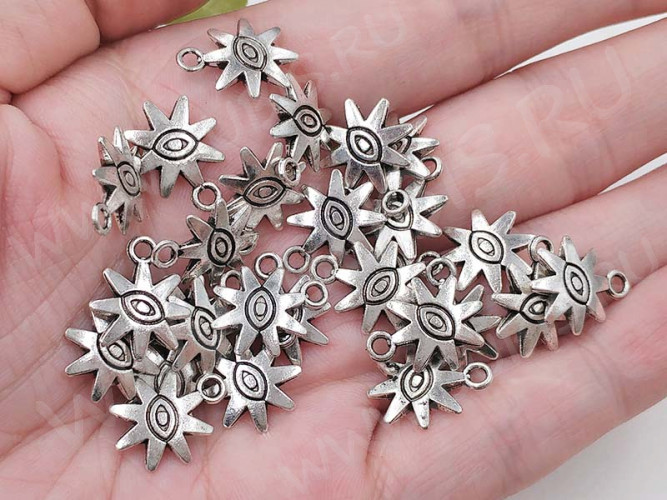 Подвеска Звёздочка 17 3D двусторонняя с глазом 15*12*2,5мм античное серебро (литьё)