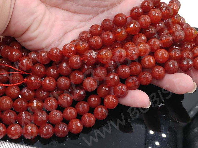 (ОПТ) Бусина округлая ГРАНЁНАЯ 10мм Сердолик ТЁМНЫЙ натуральный (камни) (НИТЬ)