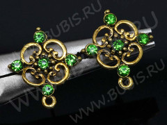 Пуссеты (&quot;гвоздики&quot;) №034 со стразом 20*17,5*14,5мм античное золото и зелёный (литьё) (1 пара)